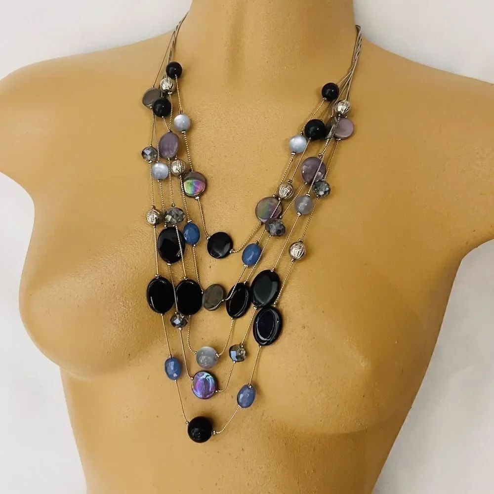 Beautiful Jules C Necklace Multi Layer Shell Black Silver Blue Beads Floating